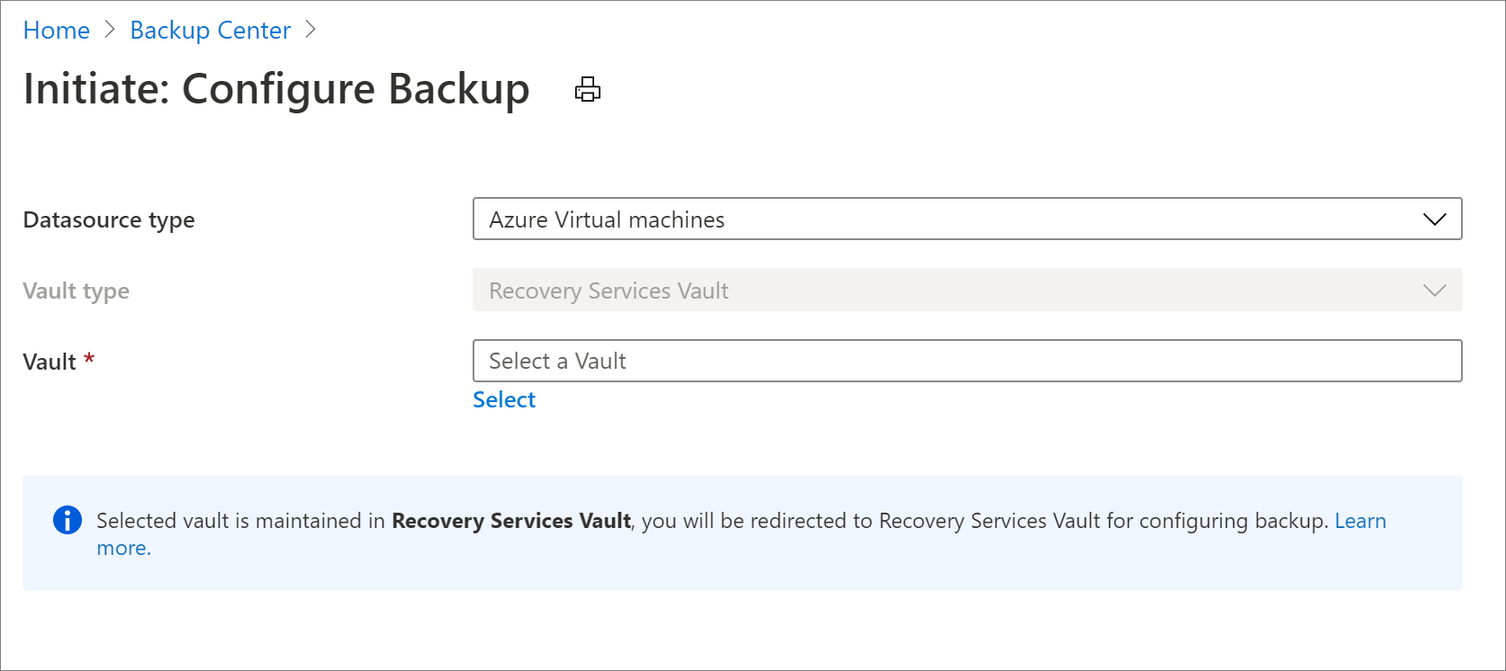 Select datasource to configure VM backup