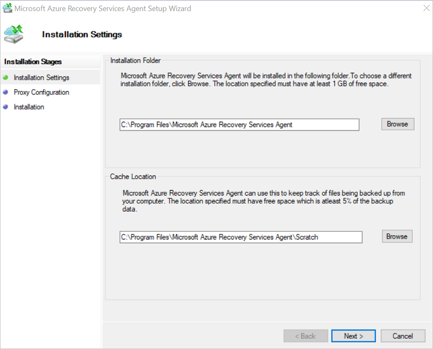 Choose installation settings in the MARS Agent Setup Wizard