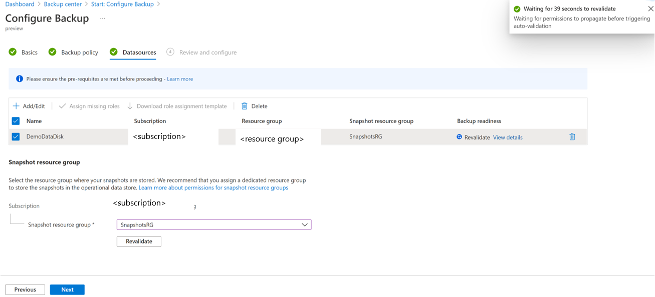 Screenshot showing the permission waiting to propagate to the resource group.