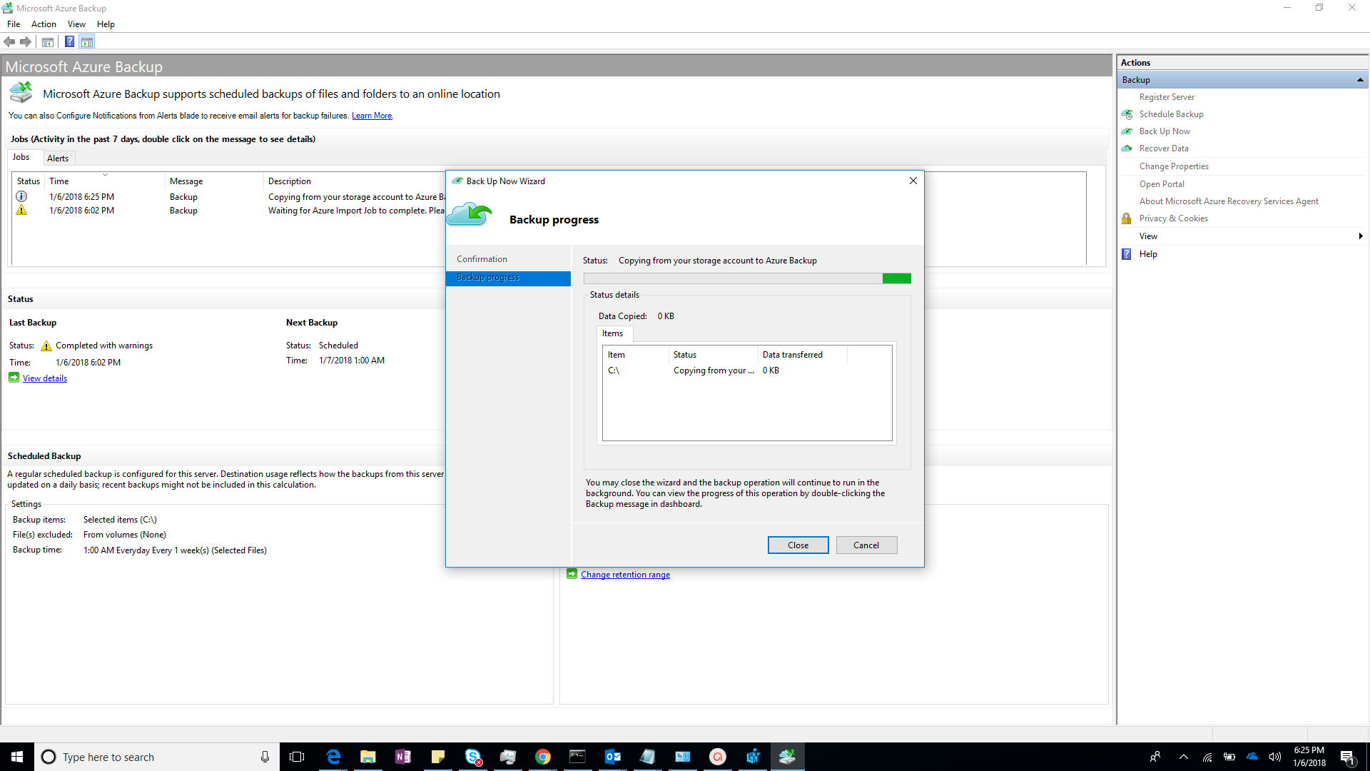 Screenshot shows how to copy data to the Recovery Services vault.