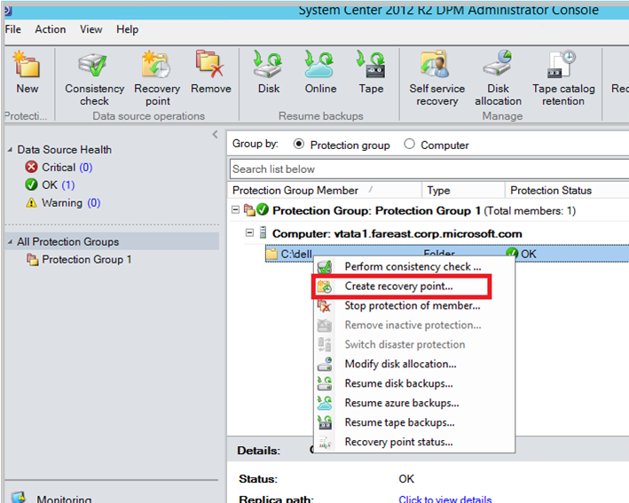 Screenshot shows how to use Back Up Now for DPM and MABS.