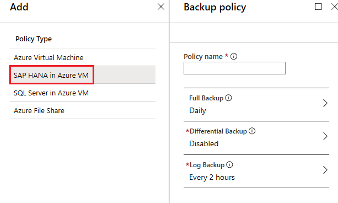Screenshot that shows the 'Backup policy' pane for entering a policy name.