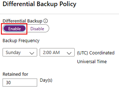 Screenshot that shows how to configure a differential backup policy for a database.