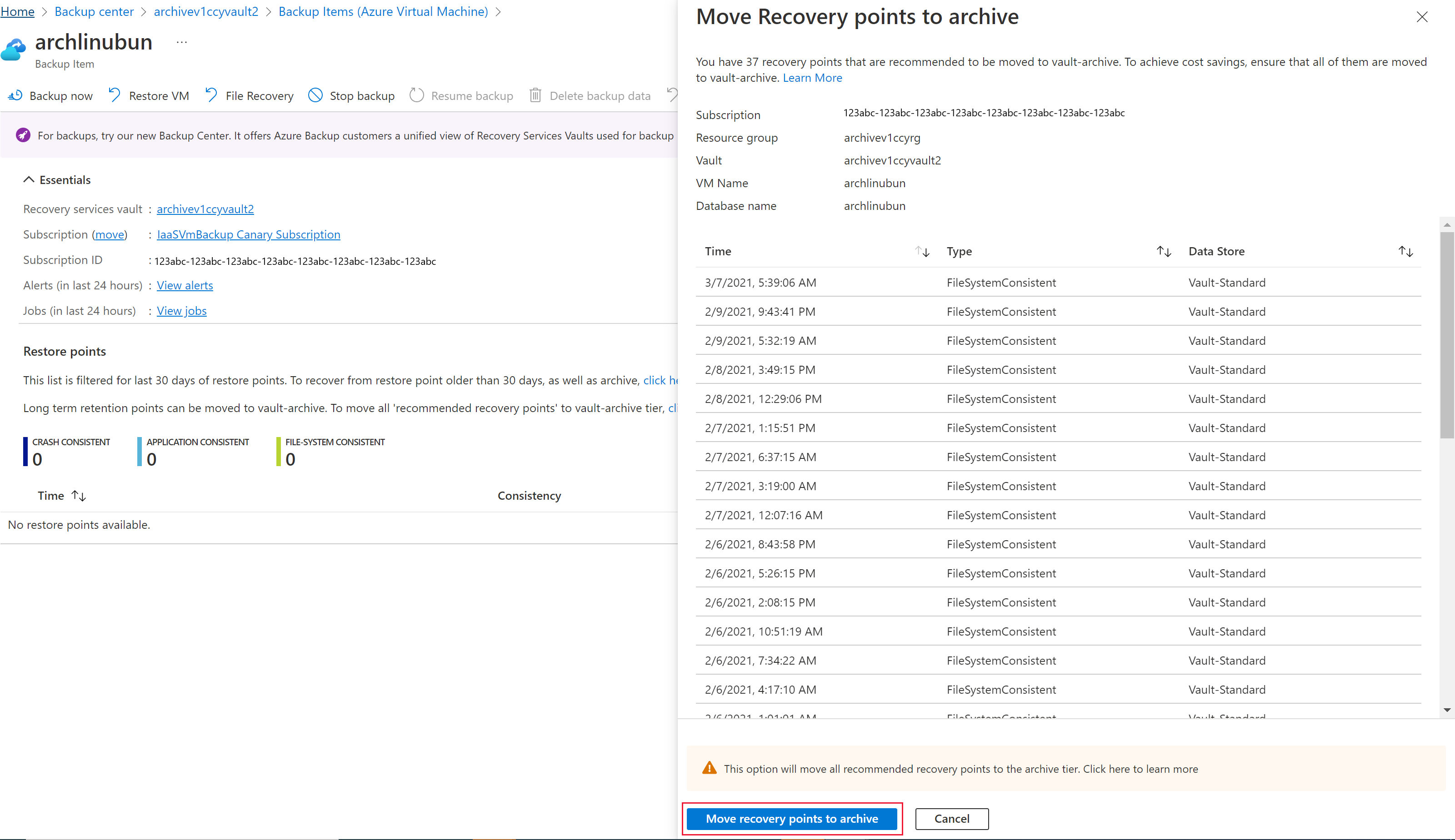 Screenshot showing the option to start the move process of all recovery points for virtual machines to the Vault-archive tier.