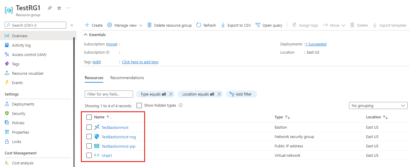 Screenshot that shows the Azure Bastion resource in a resource group.