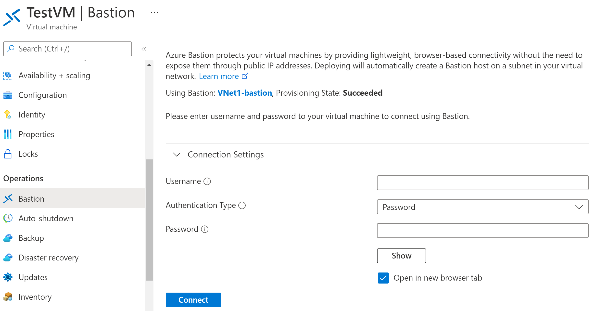 Screenshot shows the Connect using Azure Bastion dialog.
