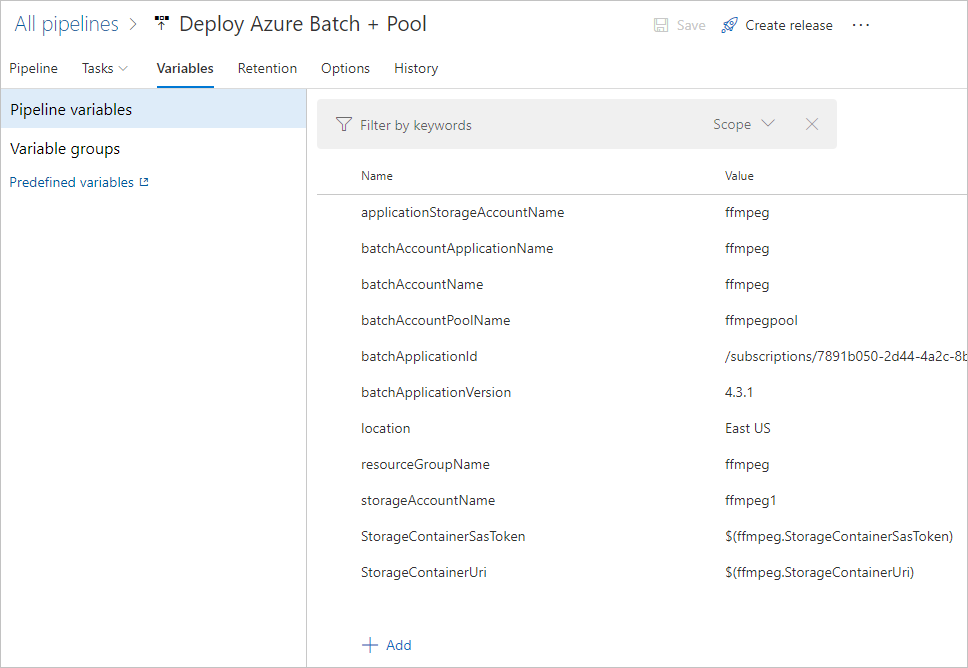 Screenshot showing variables set for the Azure Pipelines release.