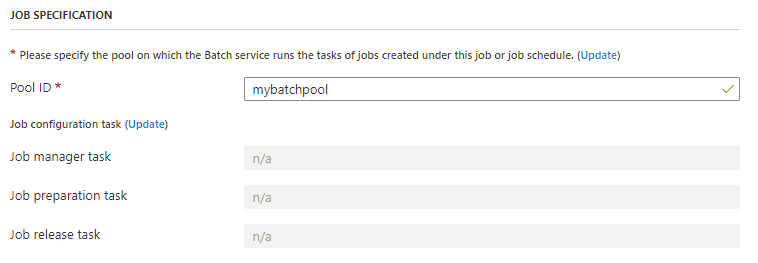 Screenshot of the job specification options for a new job schedule.