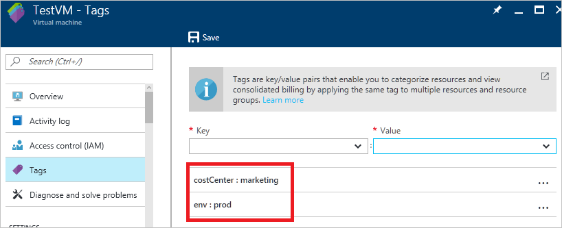 Screenshot that shows setting up tags in the portal