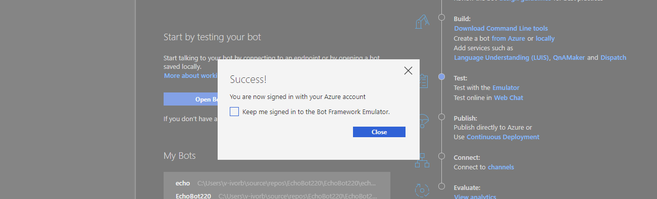 Emulator Azure sign in success