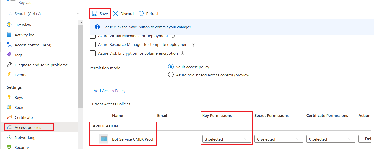 Bot Service CMEK Prod added as an access policy