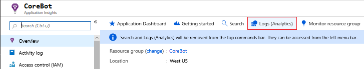 Screenshot with the Logs (Analytics) button on the Application Insights page of a bot.