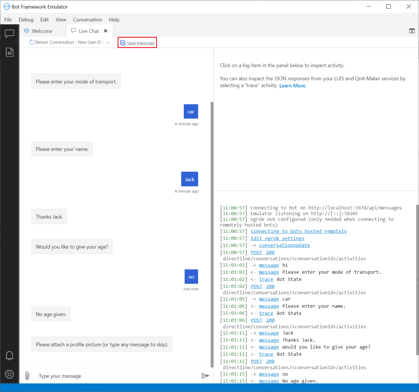 Debug your bot using transcript files - Bot Service | Microsoft Docs