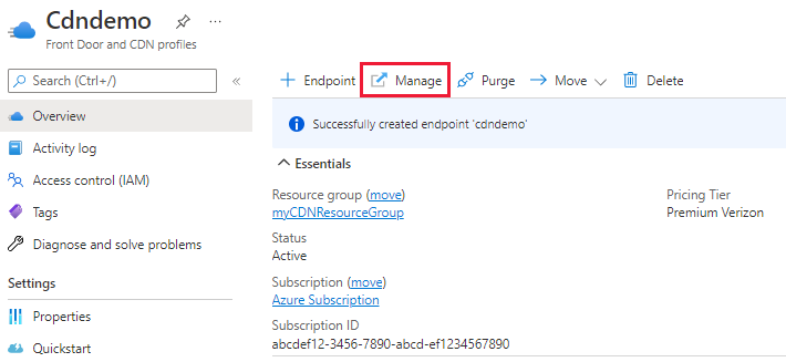 Screenshot of the manage button from the CDN profile.