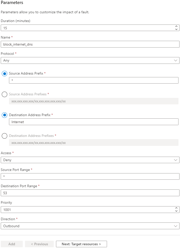 Screenshot that shows network security group parameters in the Azure portal.