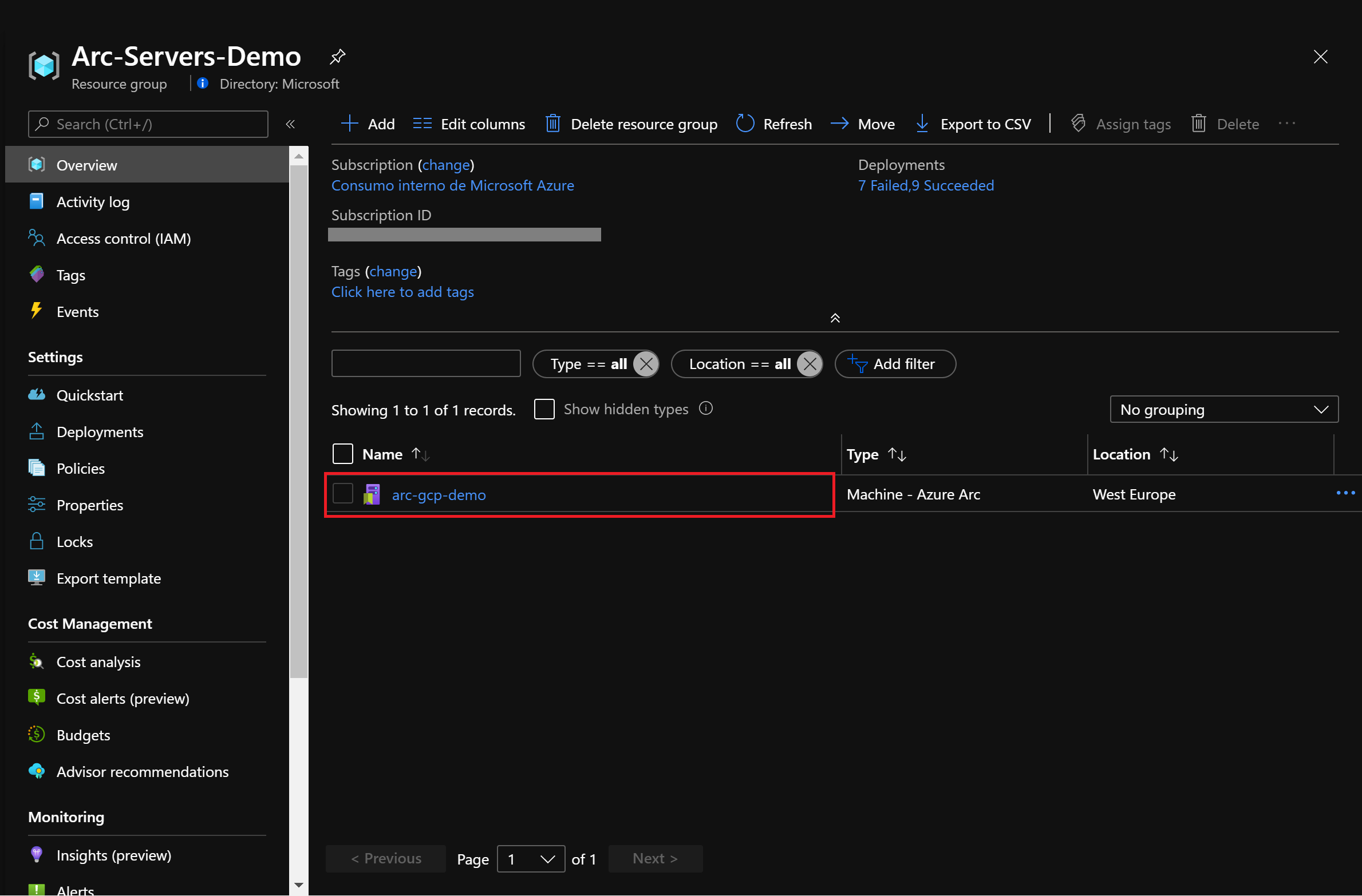 A screenshot of a resource group for an Azure Arc-enabled server.