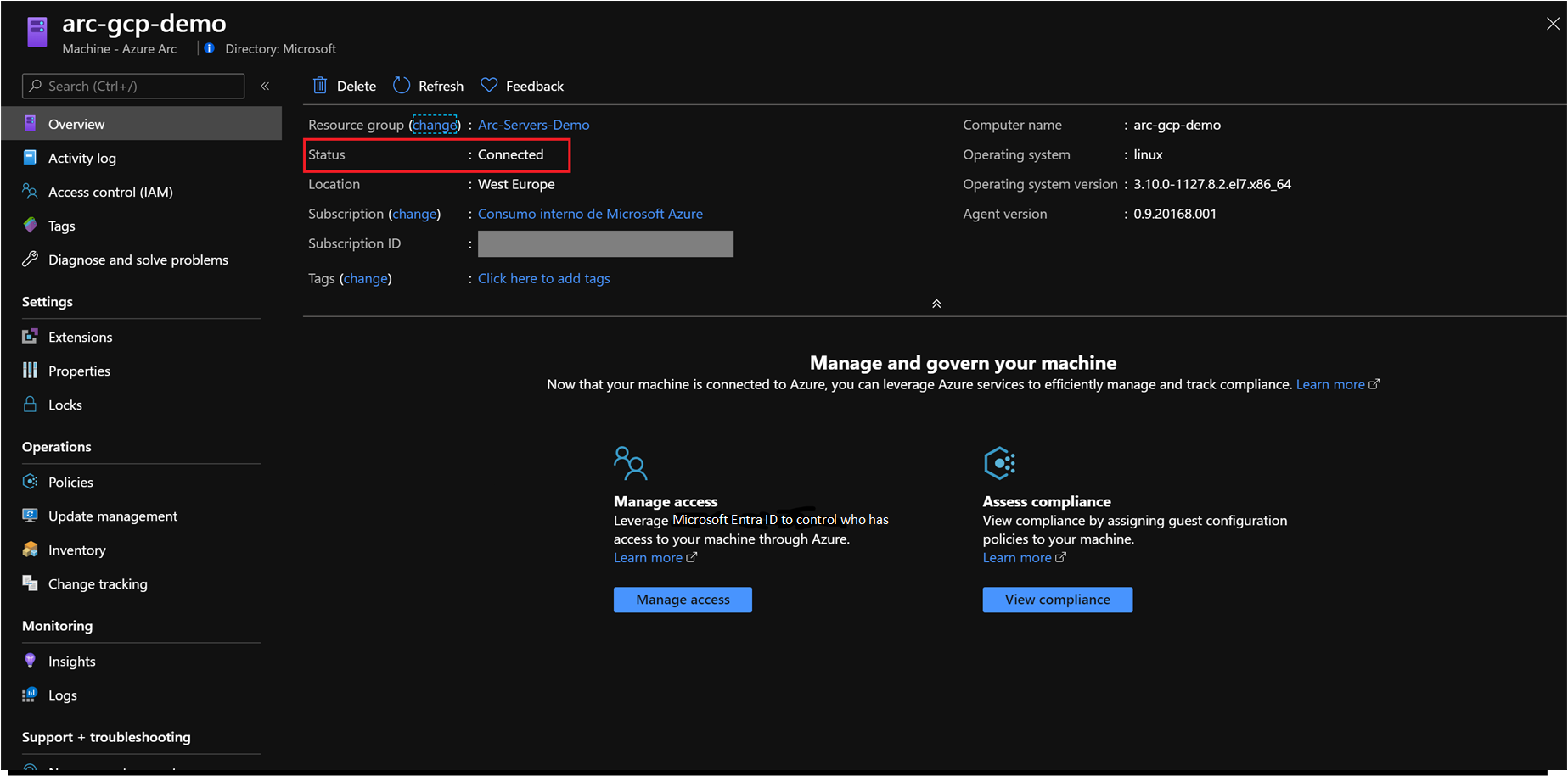 A screenshot of details from an Azure Arc-enabled server in the Azure portal.