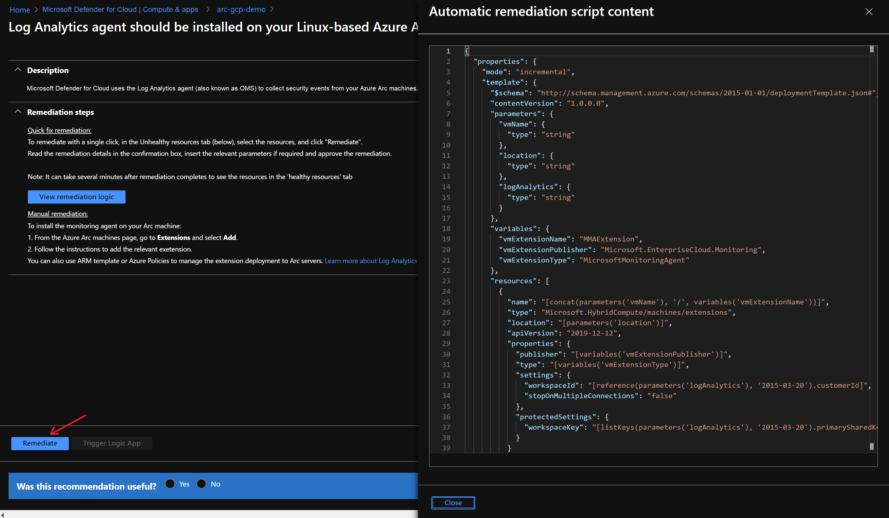 A screenshot of a Microsoft Defender for Cloud Quick Fix ARM template.