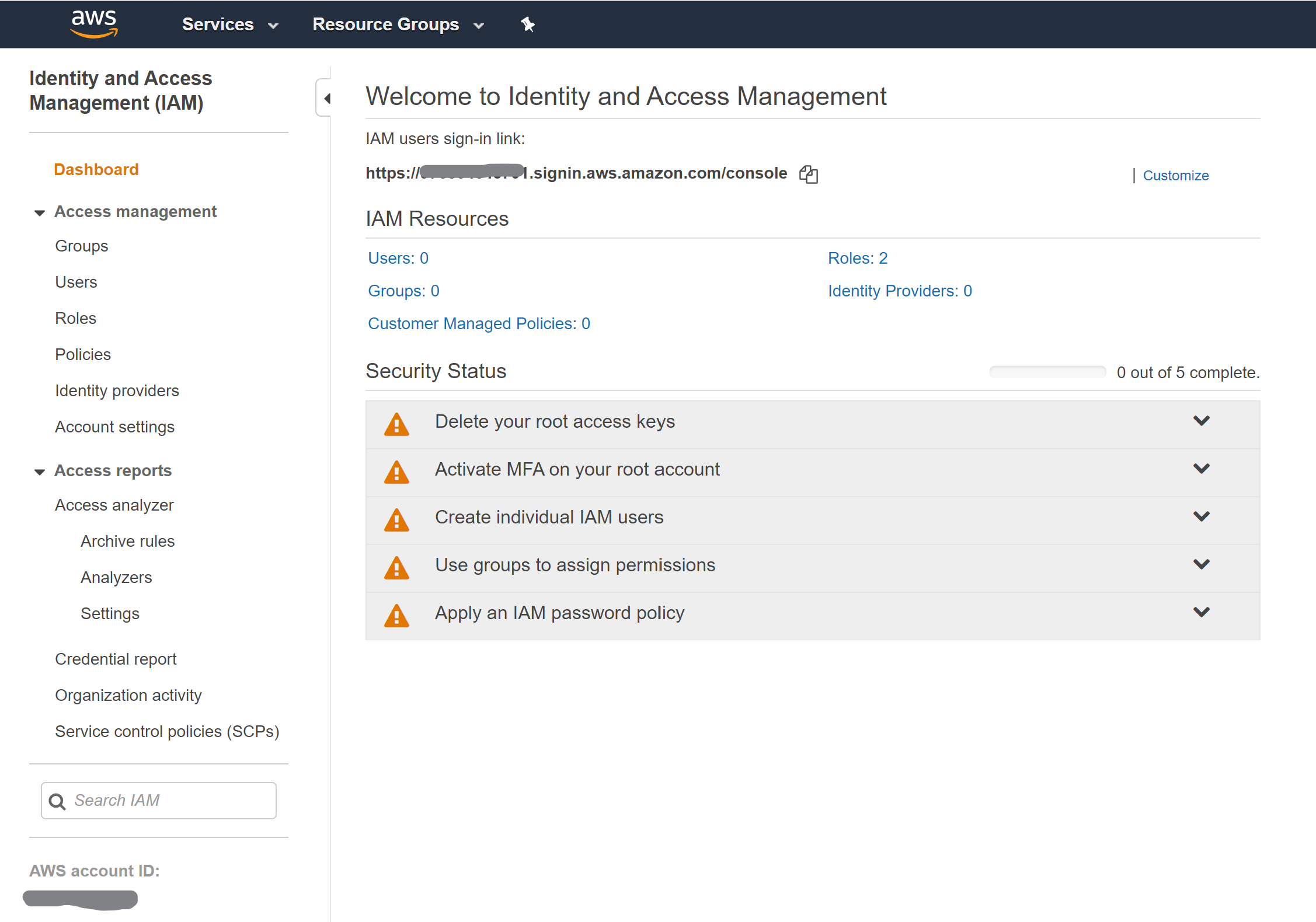 A screenshot of identity and access management in the AWS cloud console.