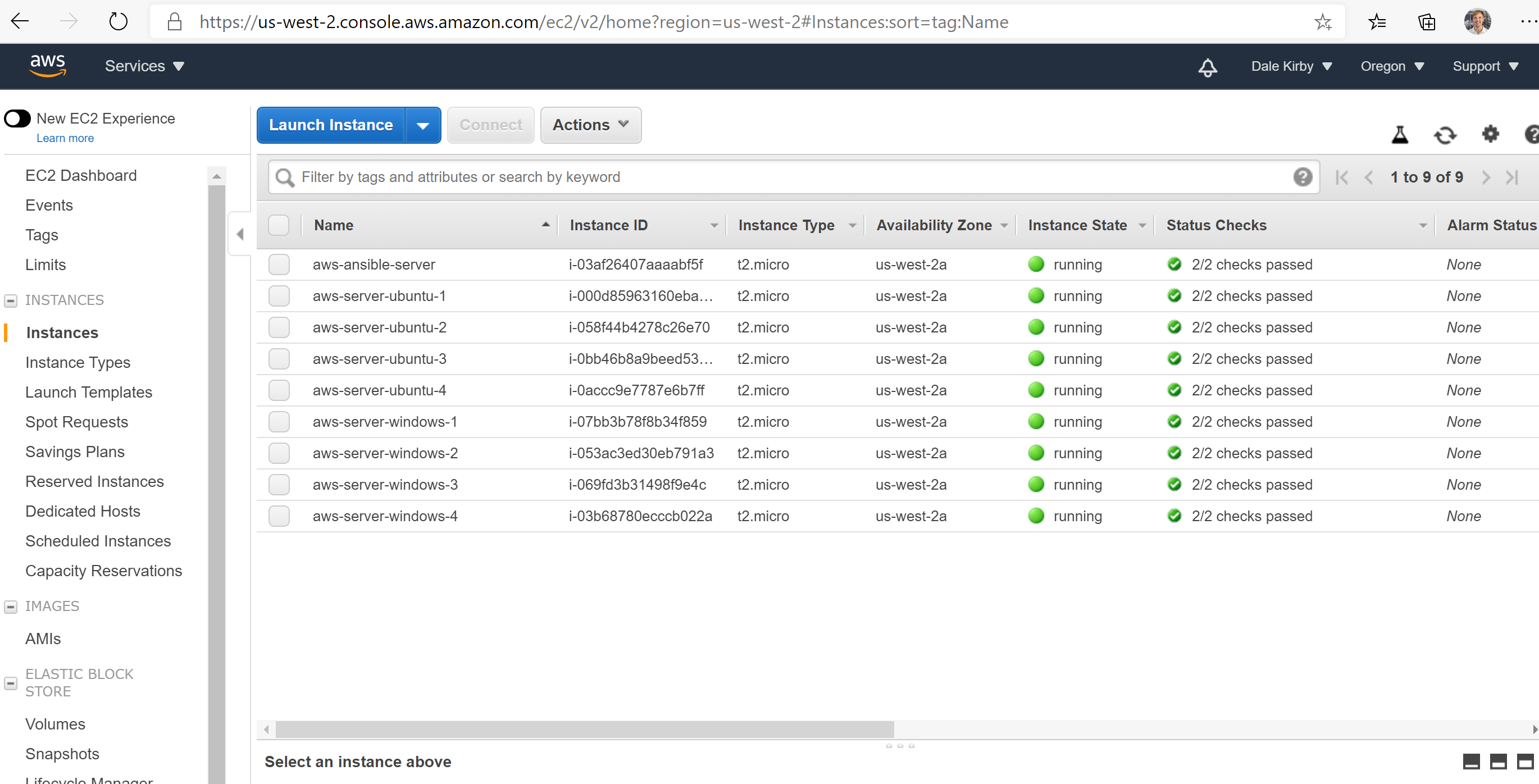 A screenshot of AWS console displaying EC2 instances.
