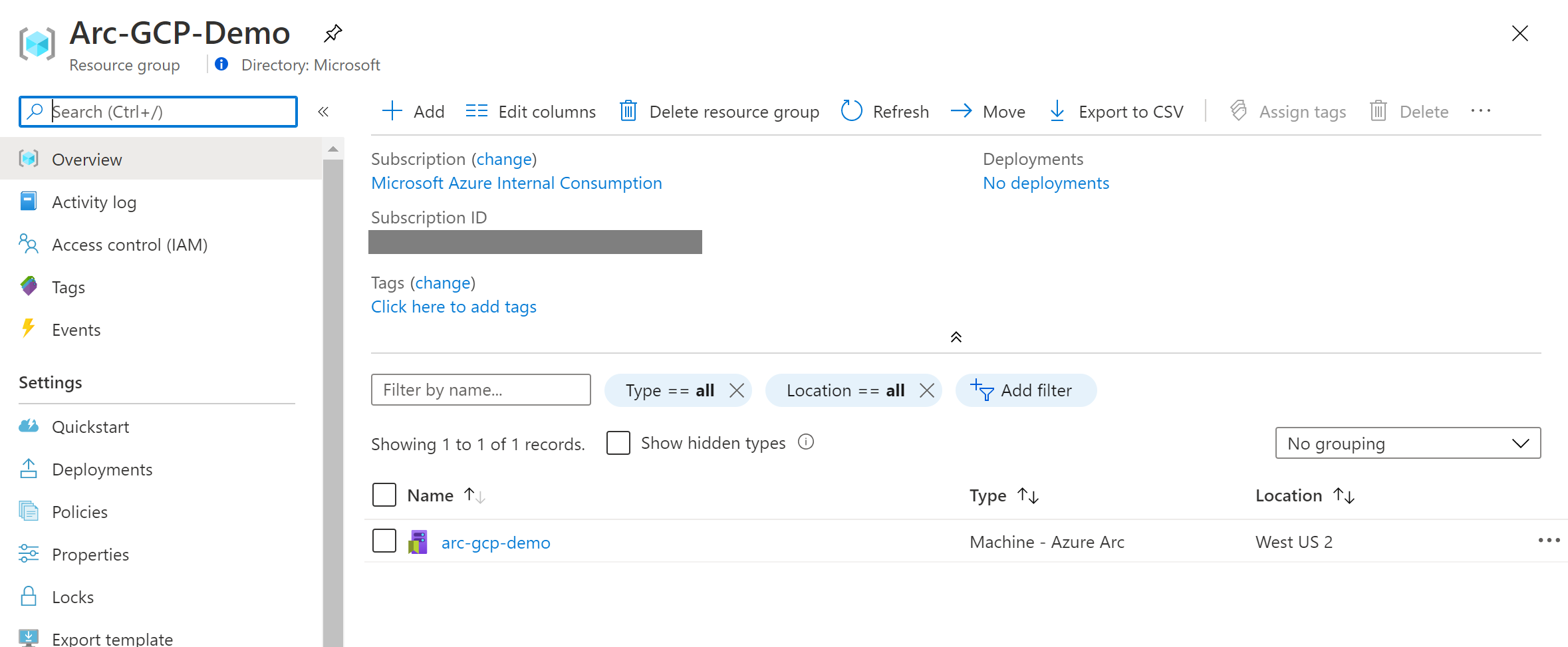 A screenshot of the details of an Azure Arc-enabled server in the Azure portal.