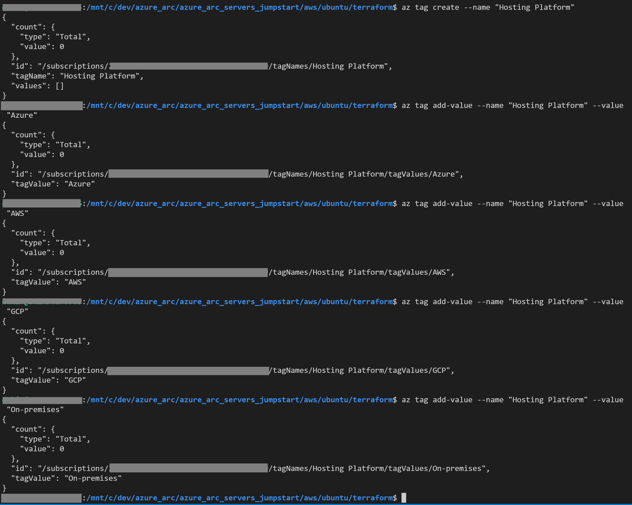 A screenshot of an output of the az tag create command.