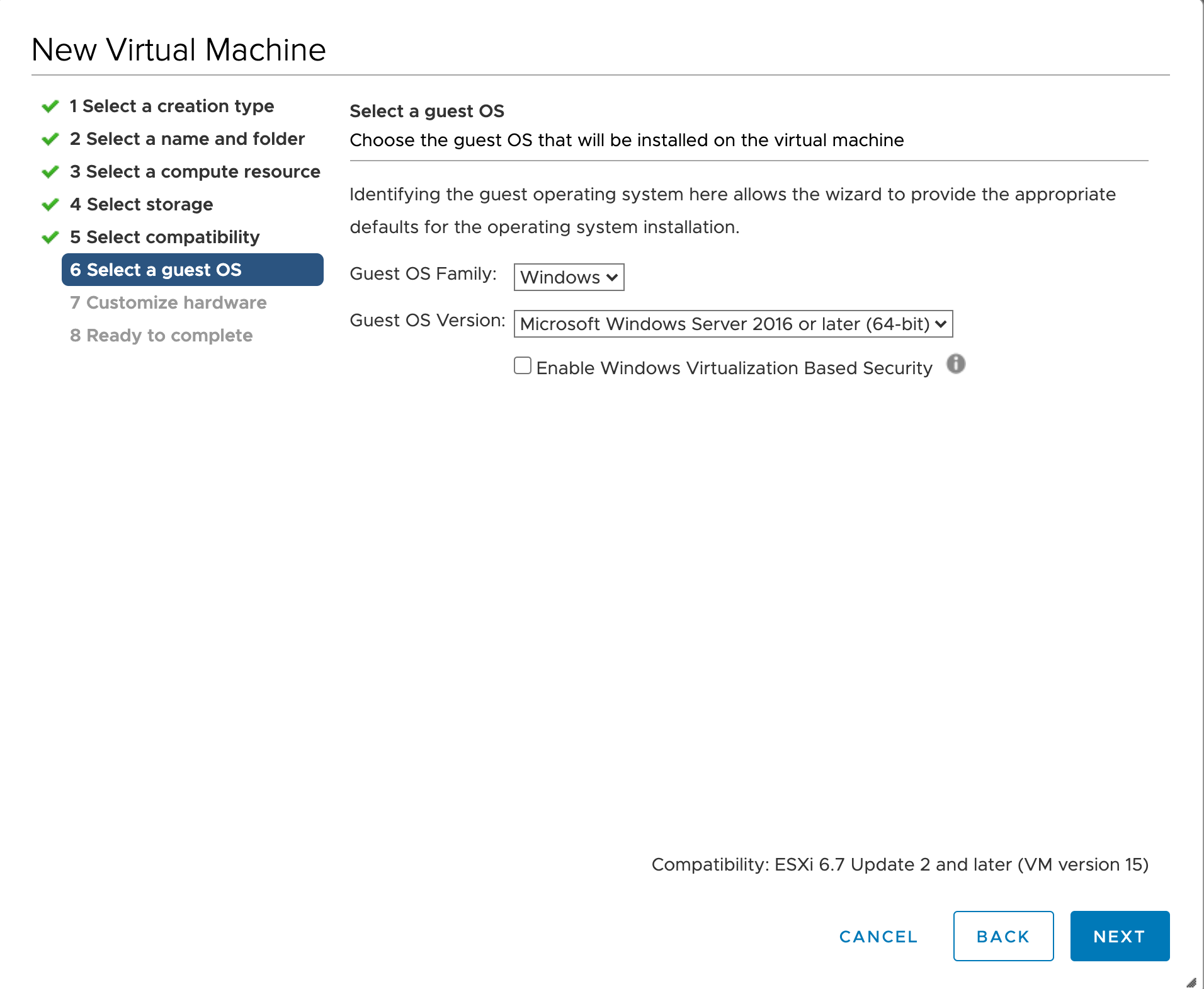 Screenshot of the "Select a guest OS" section of the New Virtual Machine creation pane.