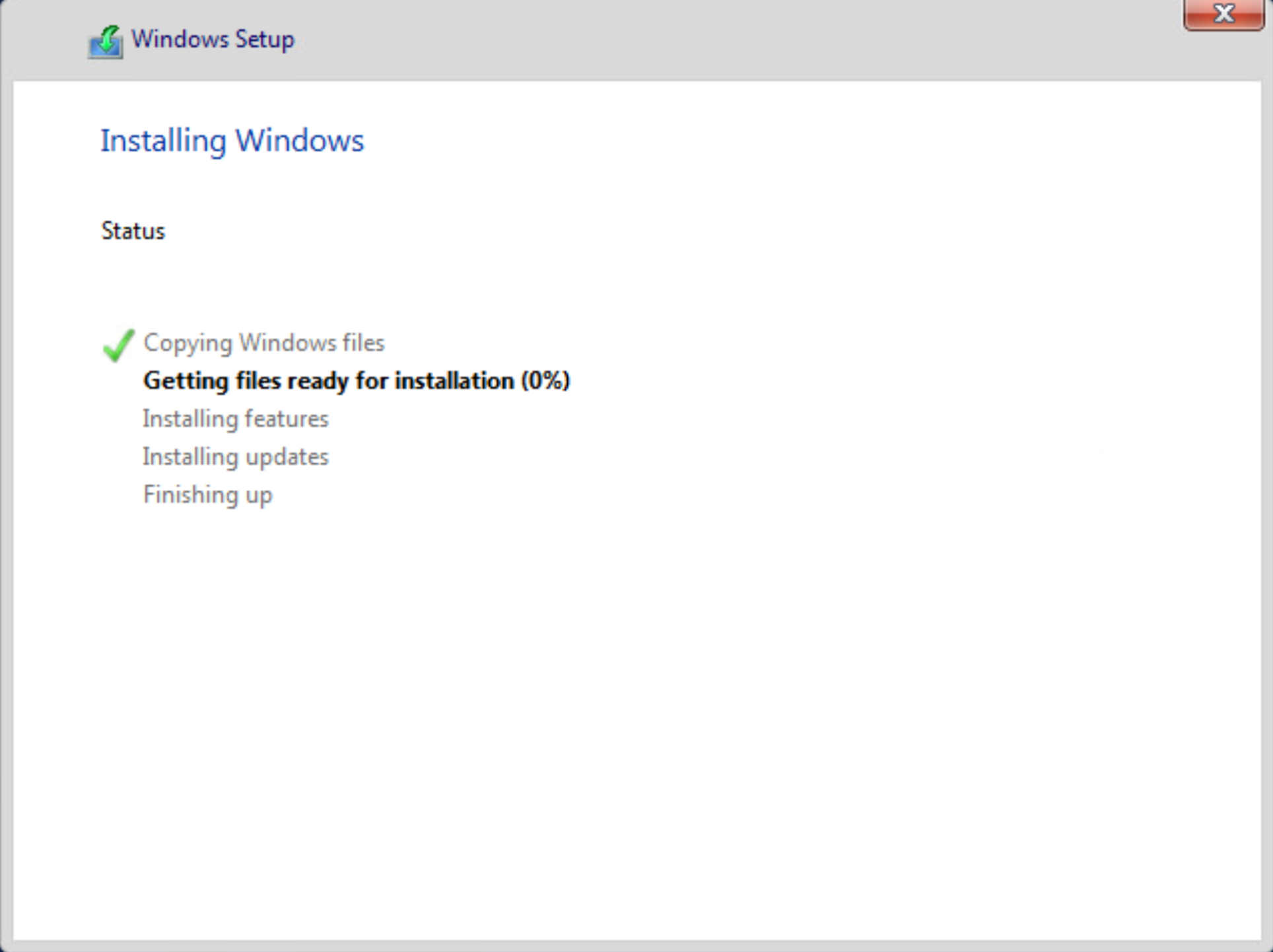 Screenshot of Windows Setup window showing the installation status.