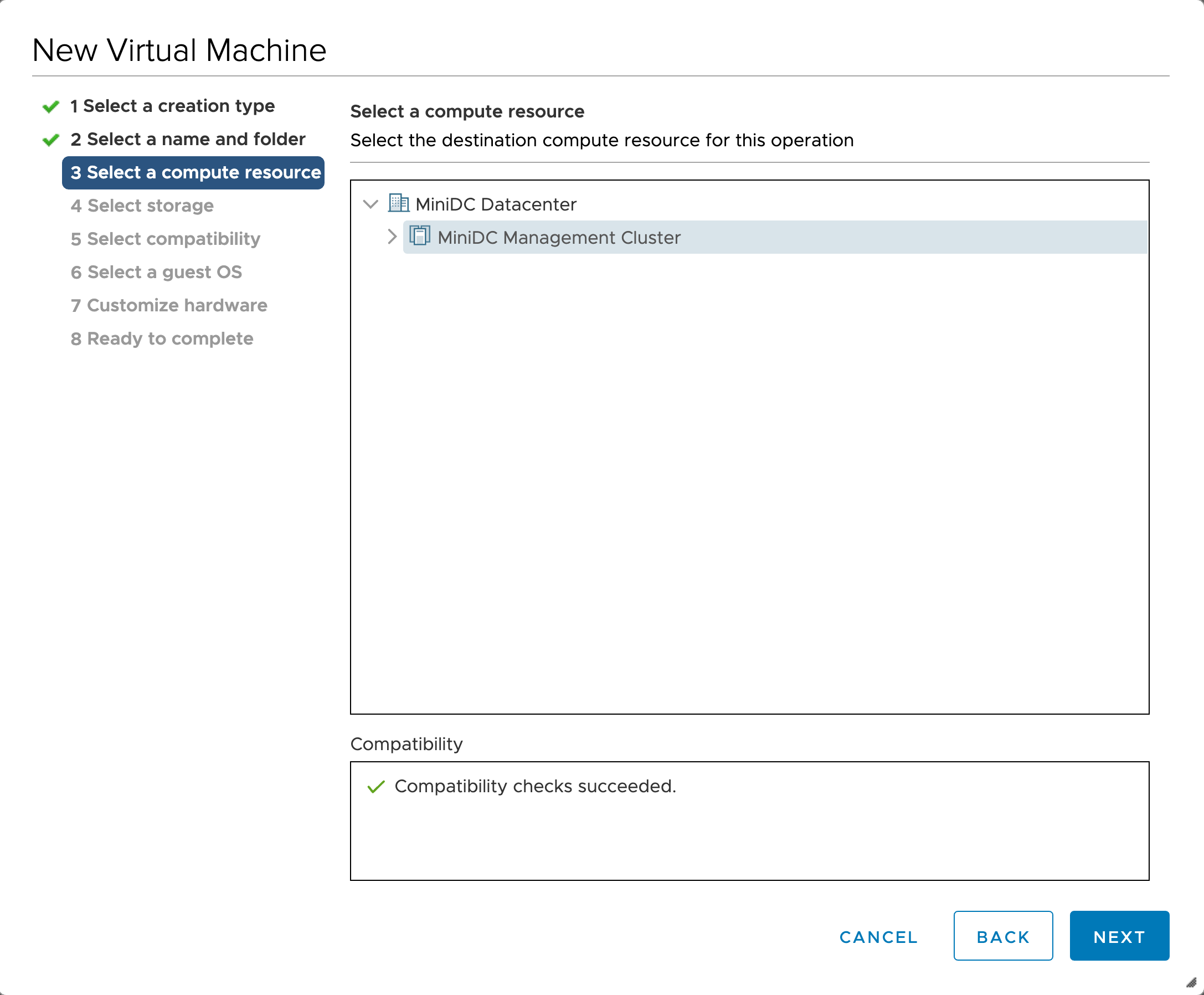 Screenshot of the "Select a compute resource" section of the New Virtual Machine creation pane.