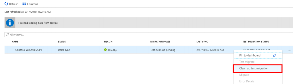 Screenshot that shows the Clean up test migration item.