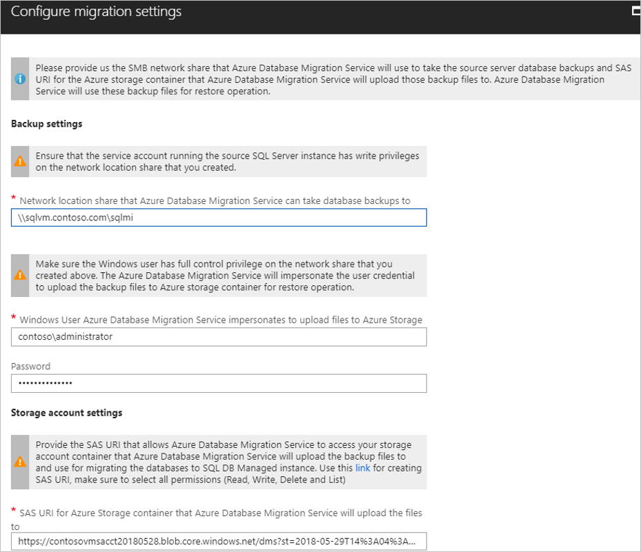 Screenshot that shows the Configure migration settings screen.