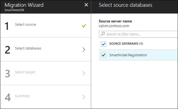 Screenshot that shows the Select source databases pane.