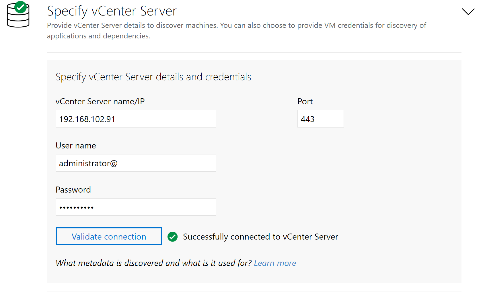 Screenshot that shows setting the VMware vCenter credentials.