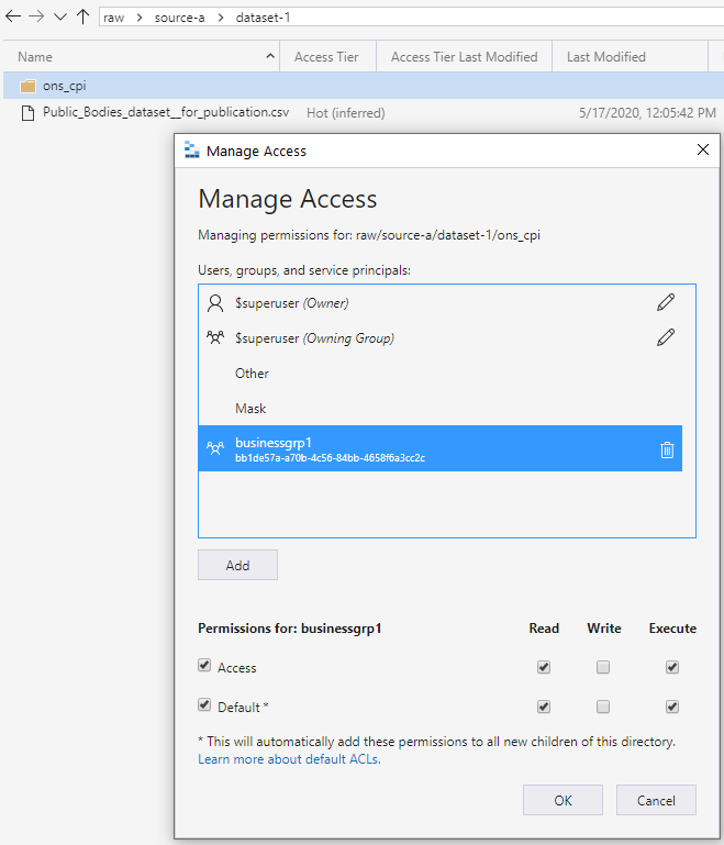 Screen capture that shows the manage access dialog box with businessgrp 1 highlighted and access and default selected.