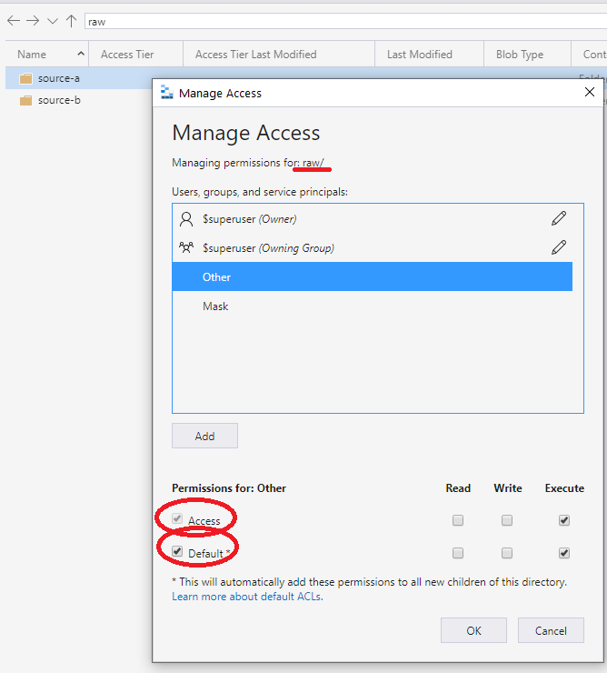 Screen capture that shows the manage access dialog box with other highlighted and access and default selected.