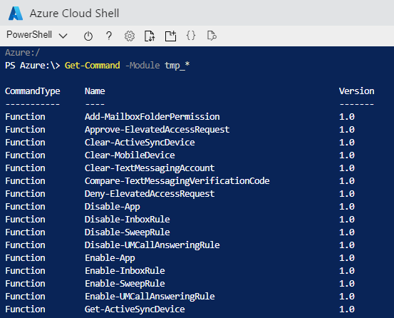 Screenshot of an Azure Cloud Shell running the command Get-Command -Module tmp_*.