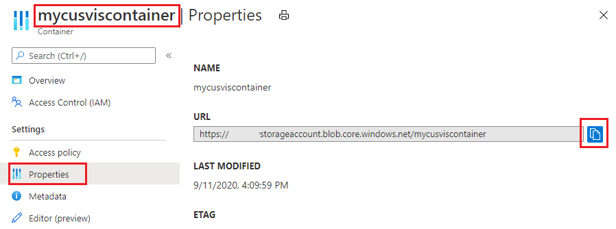 Azure storage container properties page