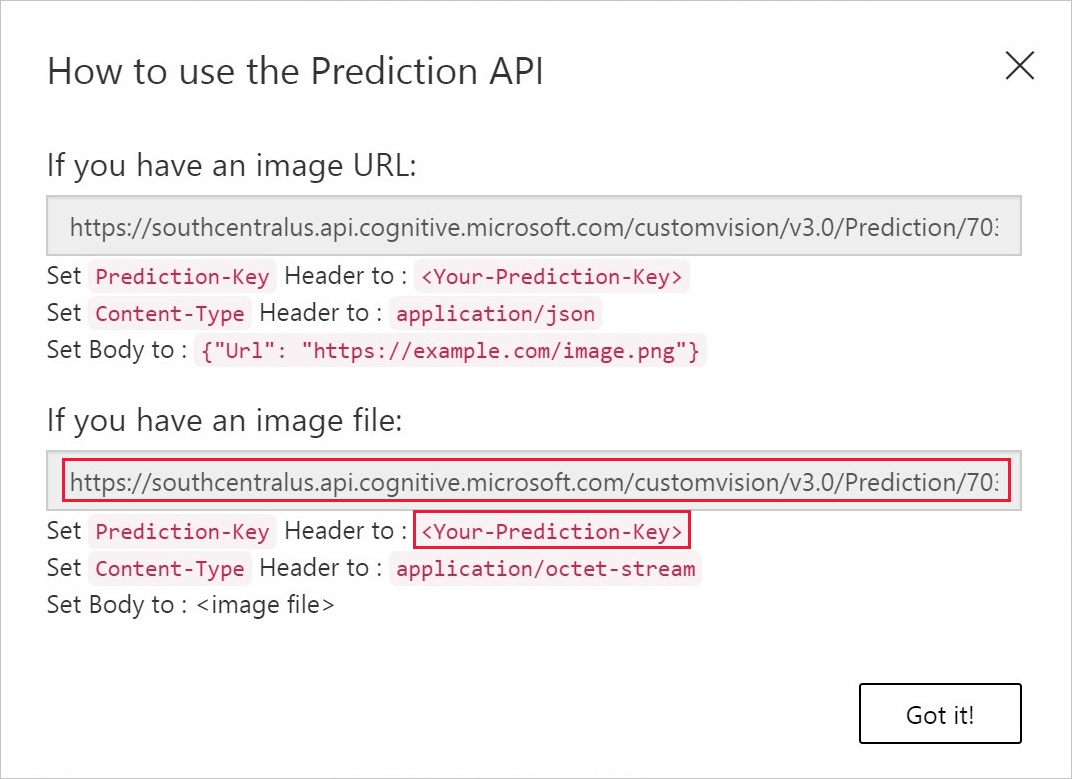 The performance tab is shown with a red rectangle surrounding the Prediction URL value for using an image file and the Prediction-Key value.