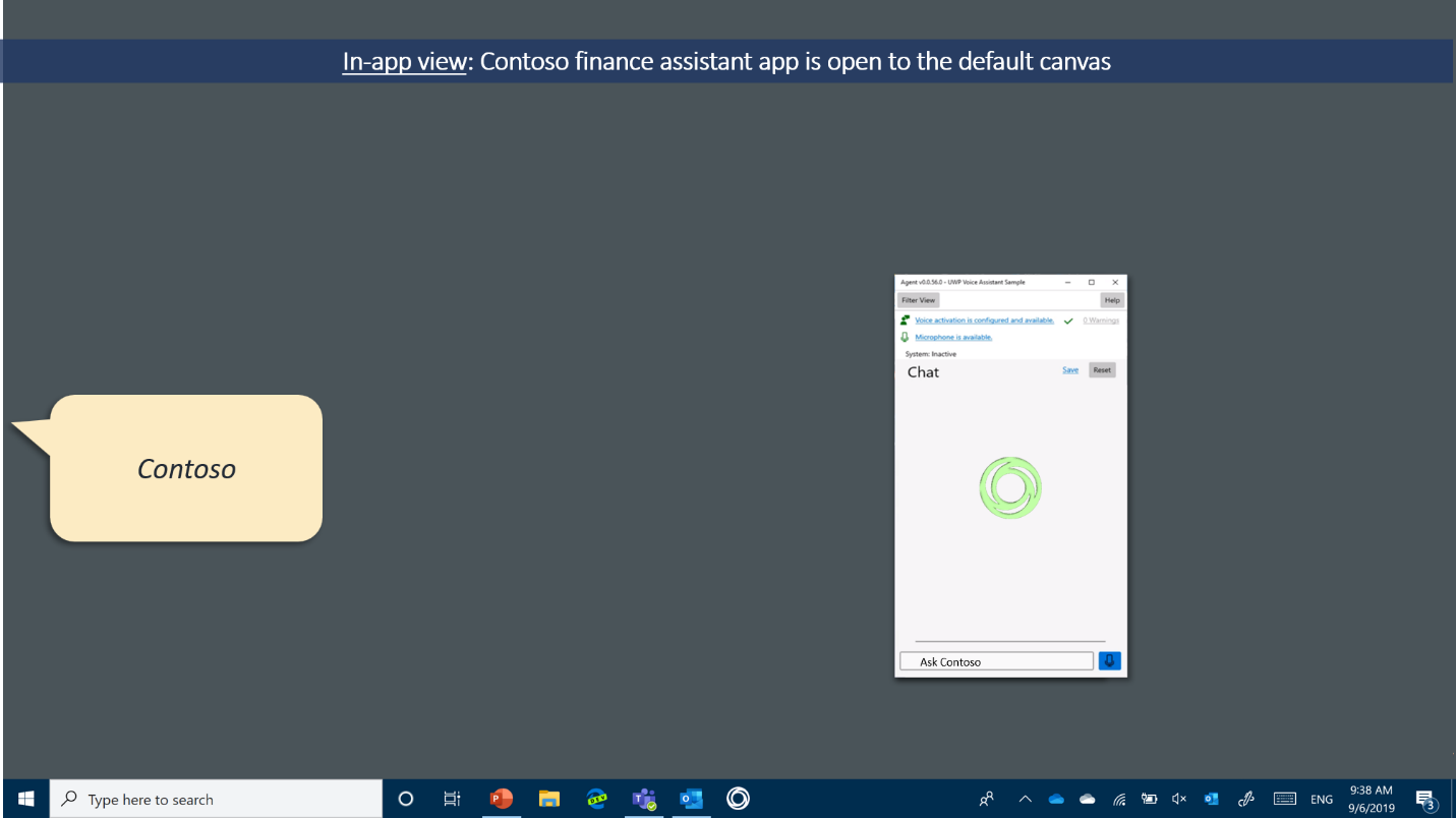 Screenshot showing the Contoso finance assistant app open to it's default canvas. A cartoon speech bubble on the right says "Contoso".