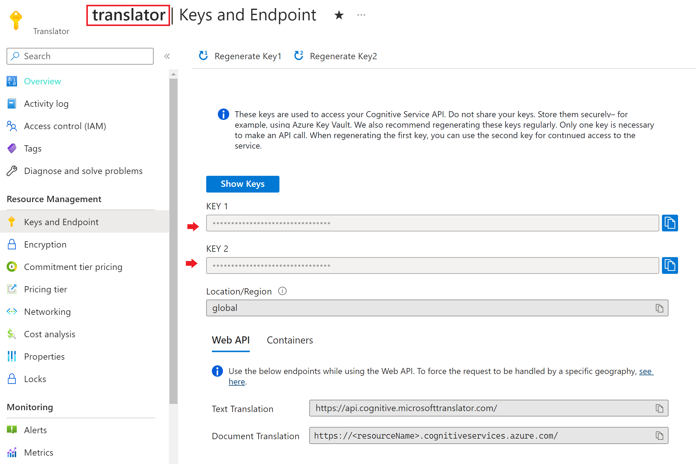 Screenshot showing key and endpoint location in the Azure portal.