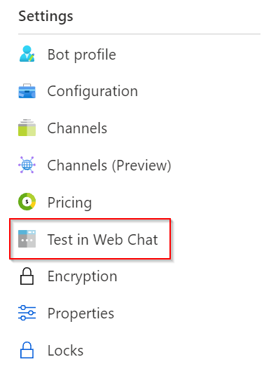 Screenshot of Azure Bot Service UI button that reads "Test web chat".