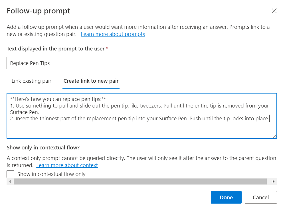 Screenshot of a question and answer about creating a follow-up prompt for replacing pen tips