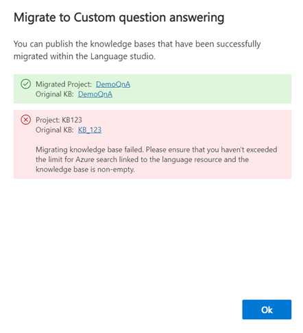 Screenshot of a failed migration with an example error