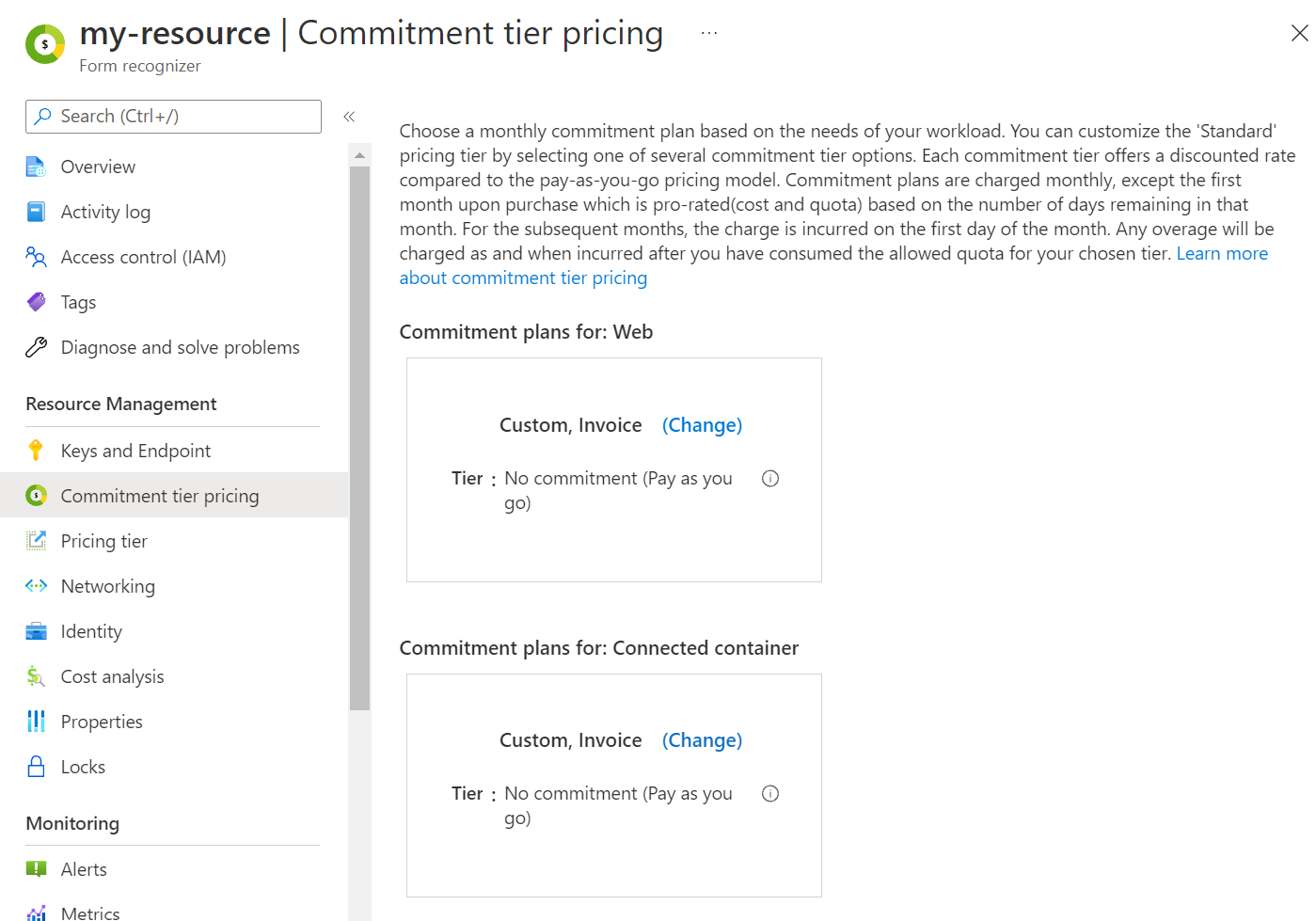 A screenshot showing the commitment tier pricing page on the Azure portal.