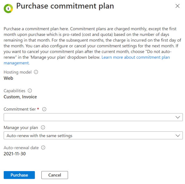 A screenshot showing the commitment tier pricing and renewal details on the Azure portal.