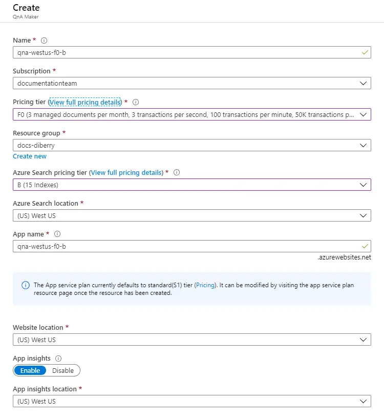 Screenshot of Azure portal for QnA Maker resource creation