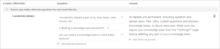 Screenshot of alternate questions for single answer imported into knowledge base