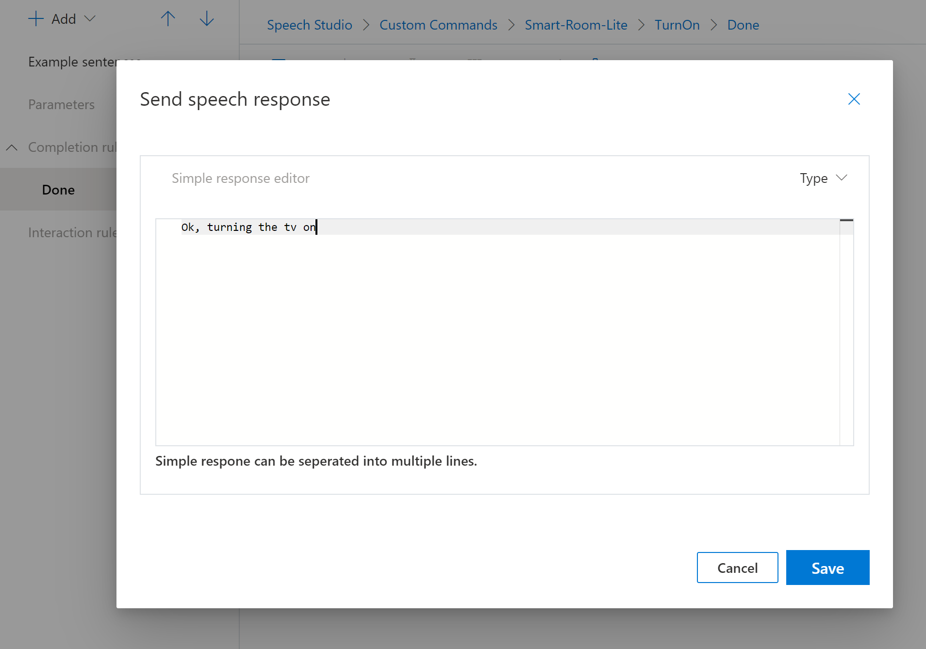 Screenshot showing where to create a speech response.
