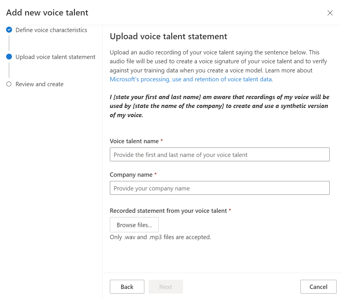 Screenshot that shows the upload voice talent statement.