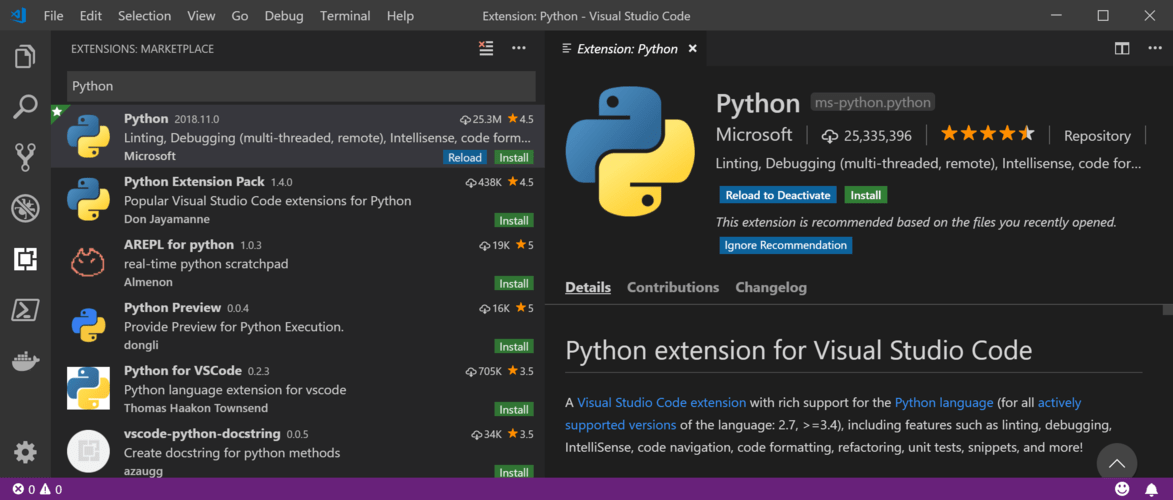Screenshot that shows selections for installing the Python extension.